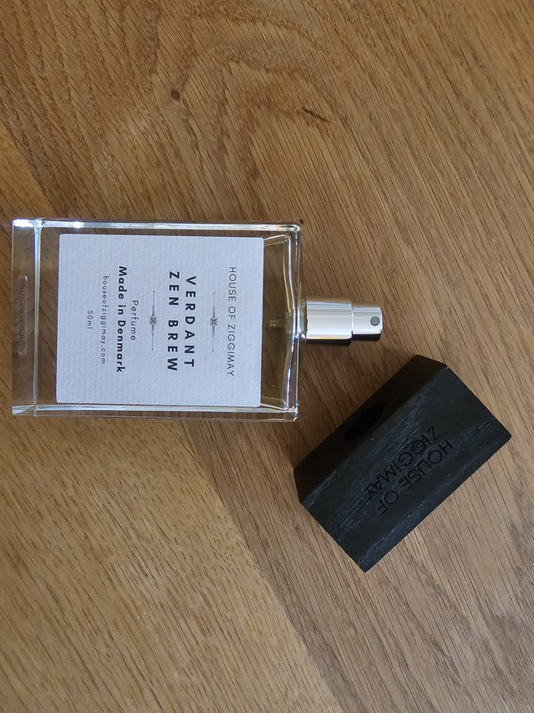 House of Ziggimay Verdant Zen Brew Eau de Parfum on oak