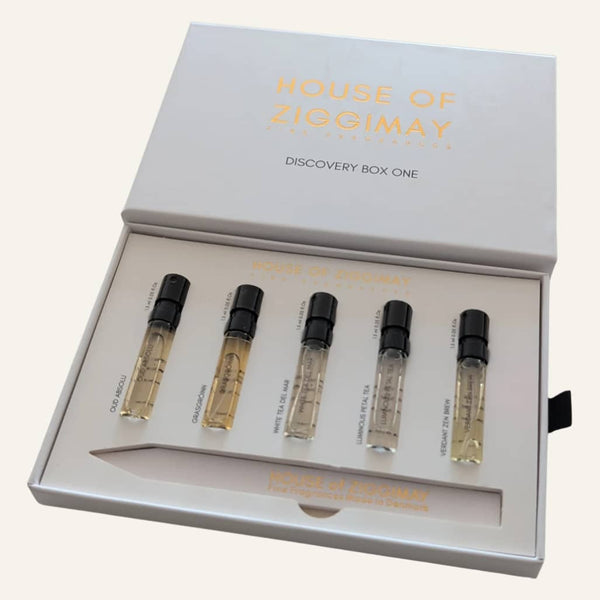 House of Ziggimay Discovery Box One, open, with five 1.5 ml sample vials and a tester strip
